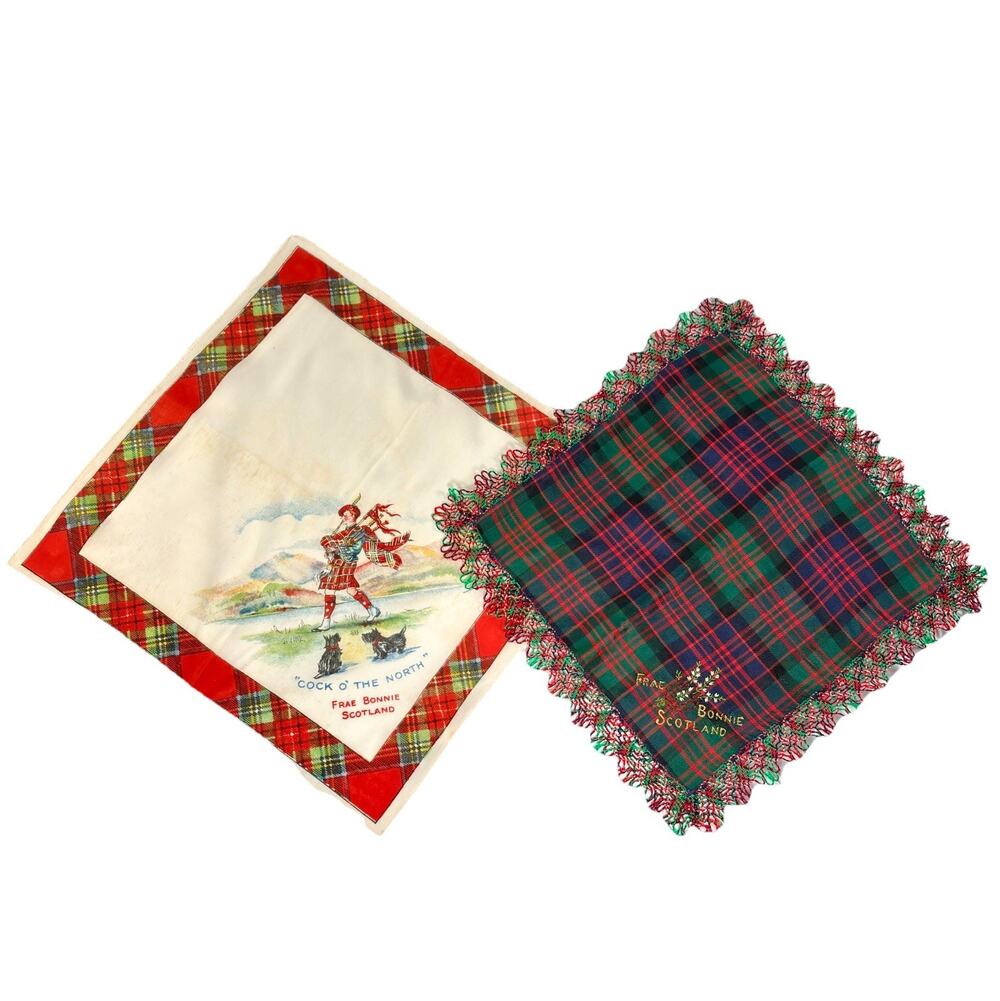 Vtg Scotland Frae Bonnie Hanky Tartan Plaid Terriers Bagpipes